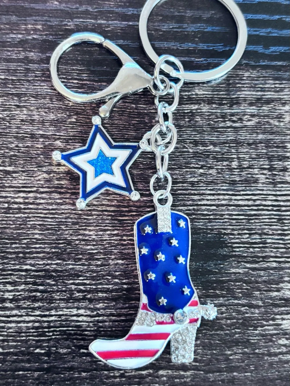 Patriotic Blue Cowboy Boot Keychain in Silver Tone